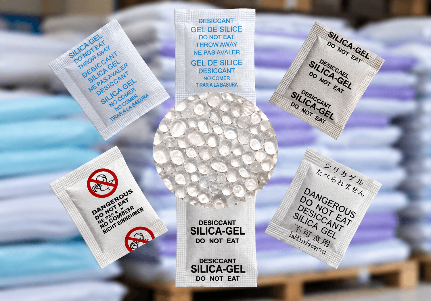 Hạt silica gel trong suốt ở trung tâm, bao quanh bởi các mẫu túi hút ẩm