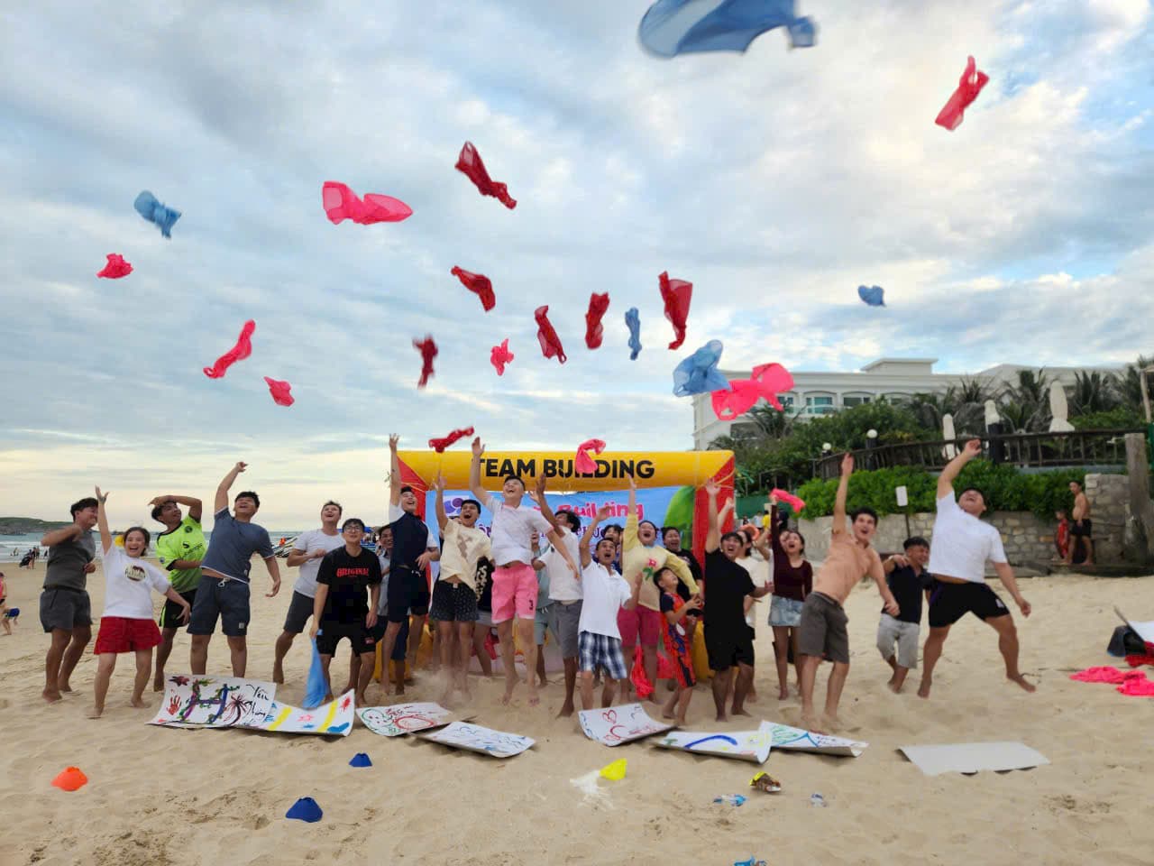 The Phuong Cat team taking part in a beach team-building activity