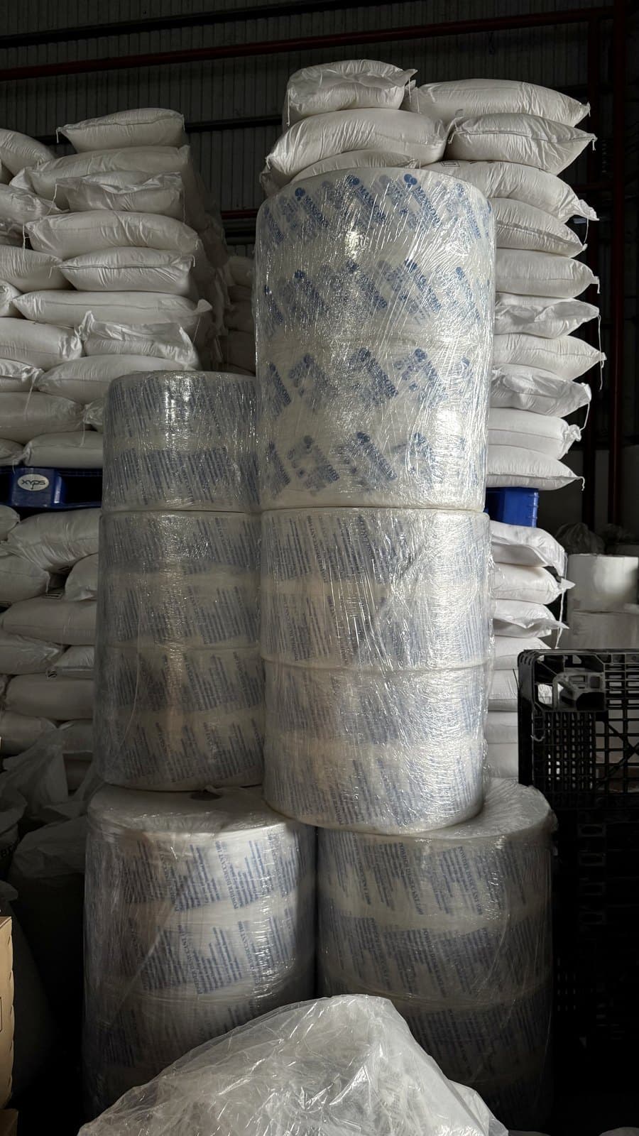 Material rolls and bags of desiccant raw material held in the store