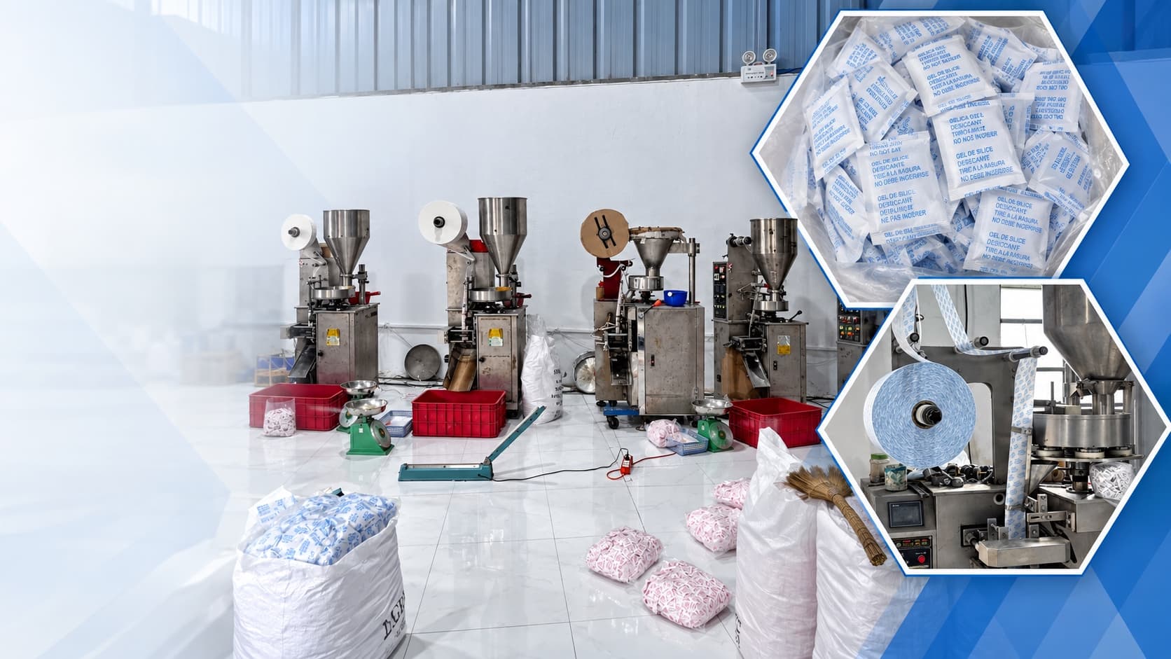 Desiccant packing line with close-up views of finished sachets