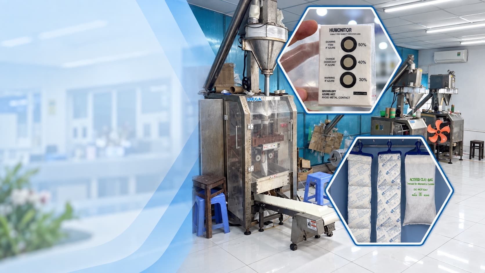 Desiccant production line with close-up of humidity indicator card and clay bags