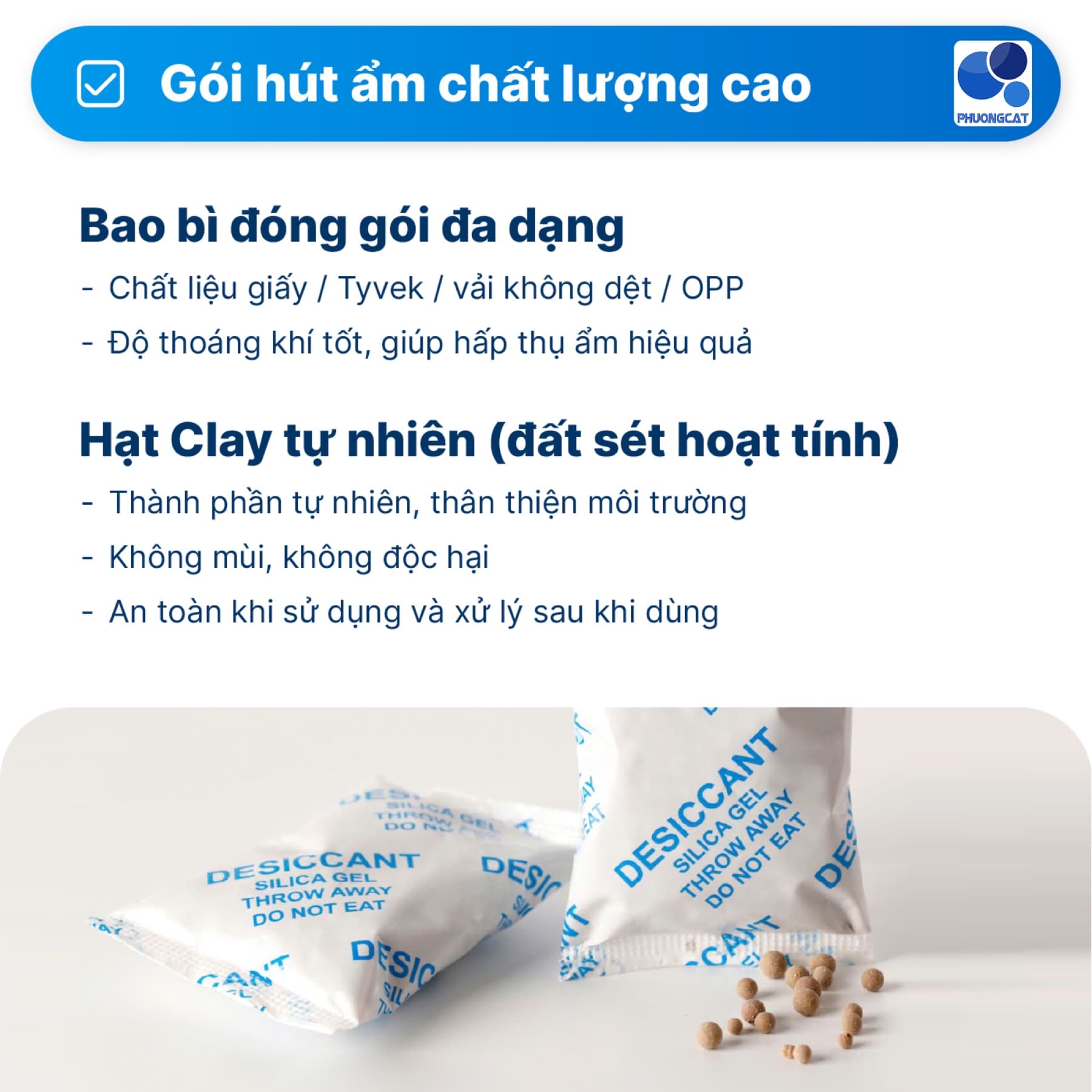 Clay desiccant feature board: packaging materials and natural activated clay granules