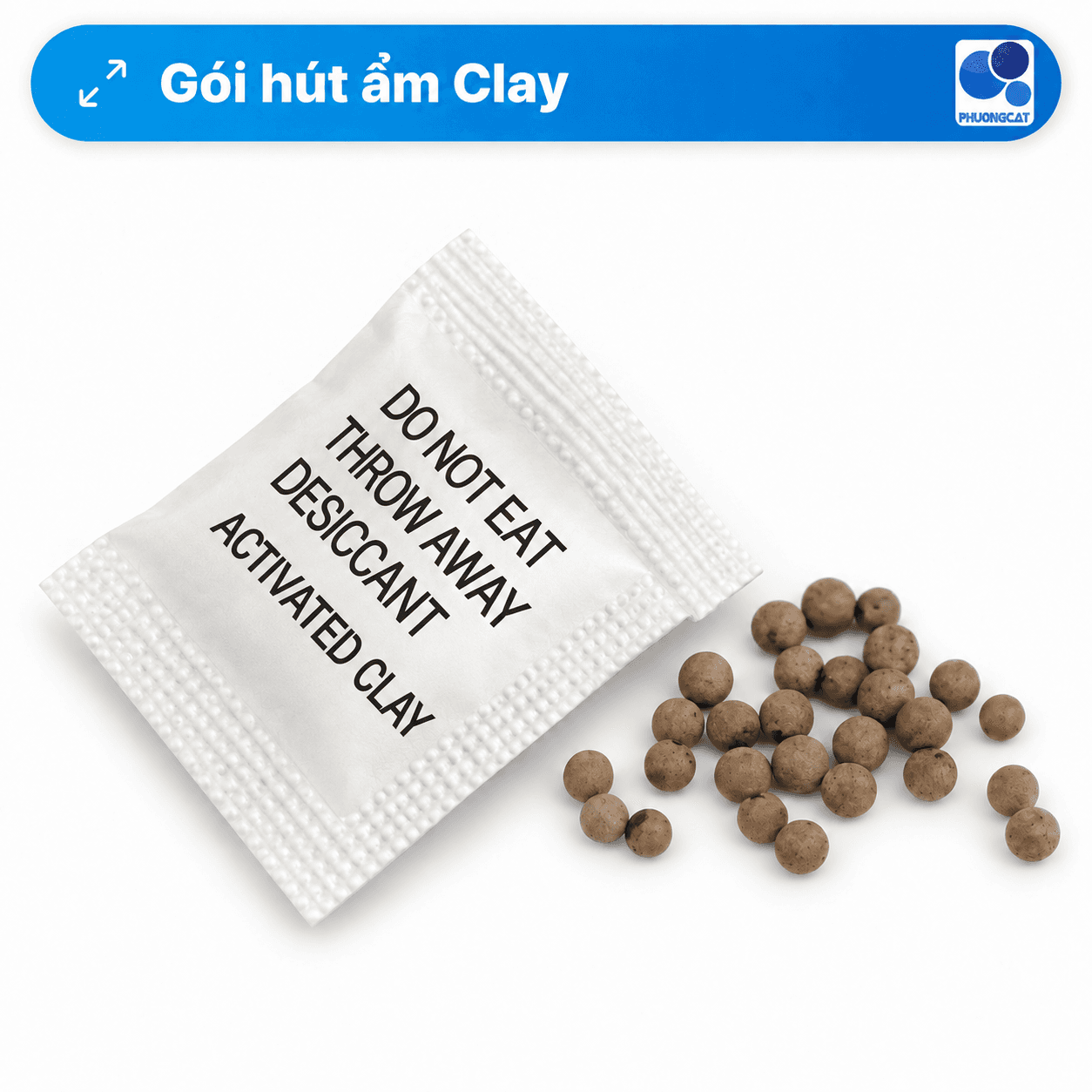 Sachet labelled Activated Clay with activated clay granules, in the Phuong Cat product frame