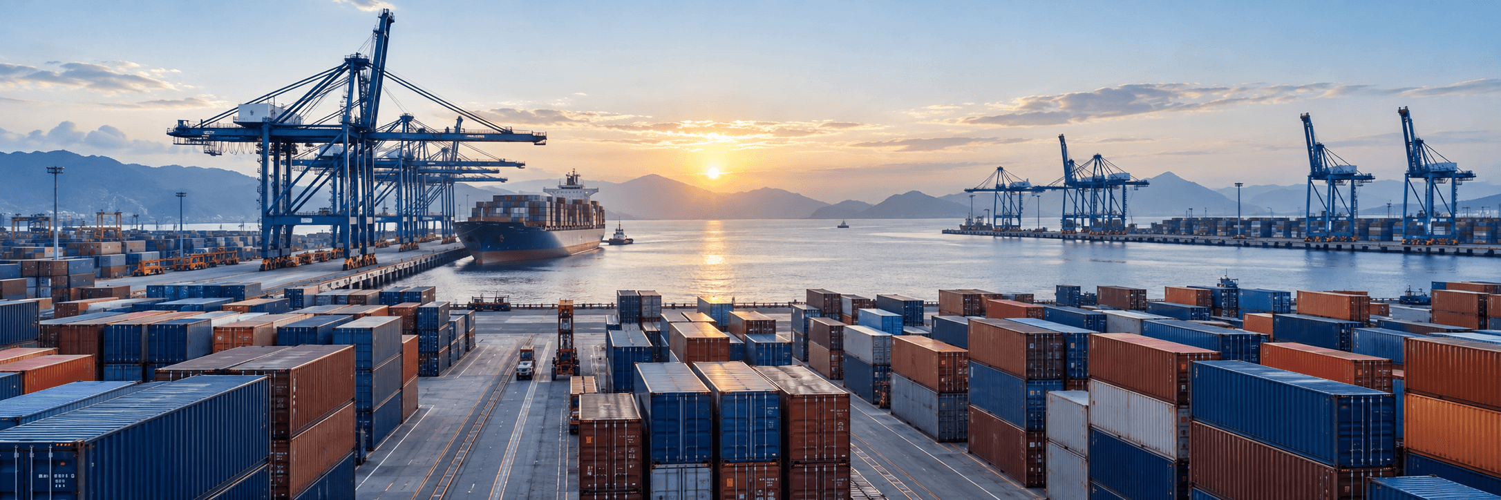 An international container port with cargo ships and cranes at sunset
