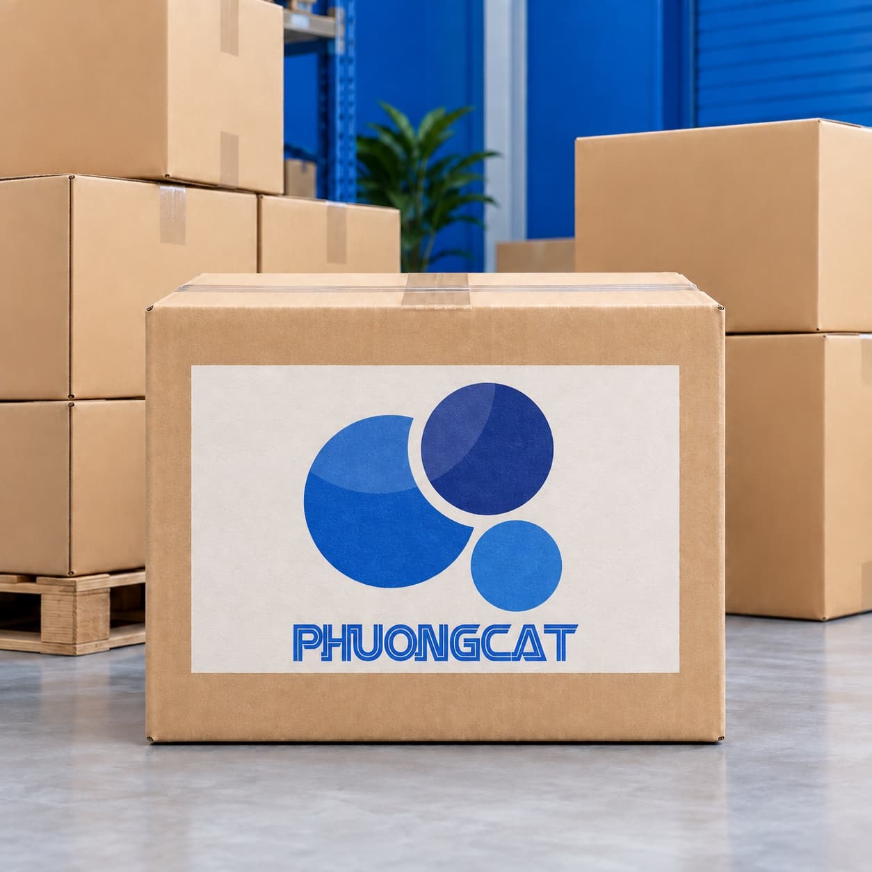 Cartons bearing the Phuong Cat logo in the warehouse