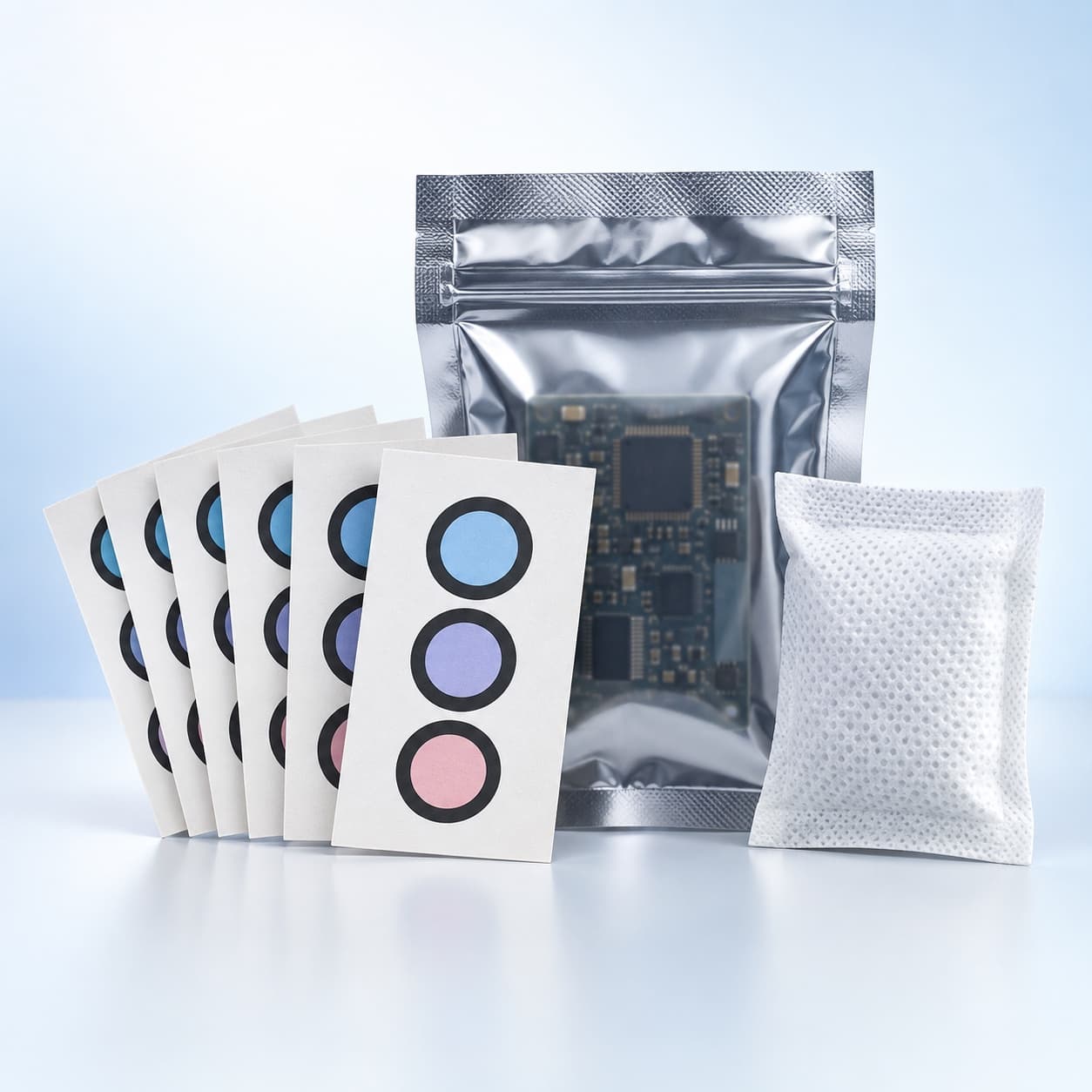 Humidity indicator cards and packaging materials protecting electronic components