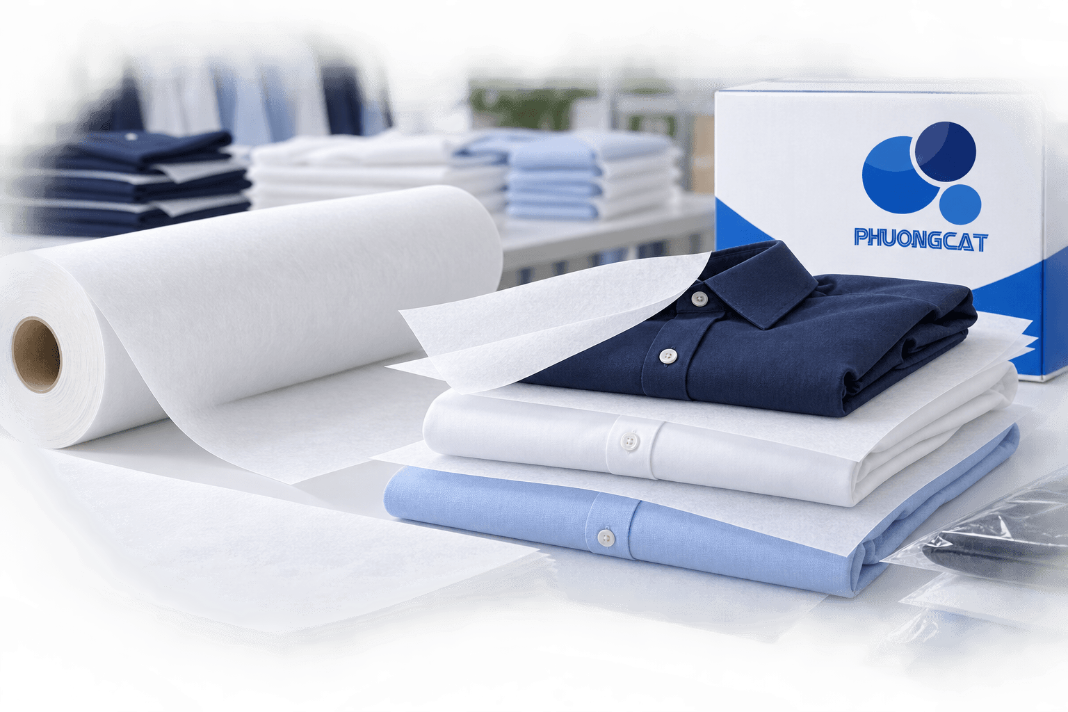Giấy lót ngành may dạng cuộn và tờ bên cạnh quần áo gấp và hộp Phương Cát