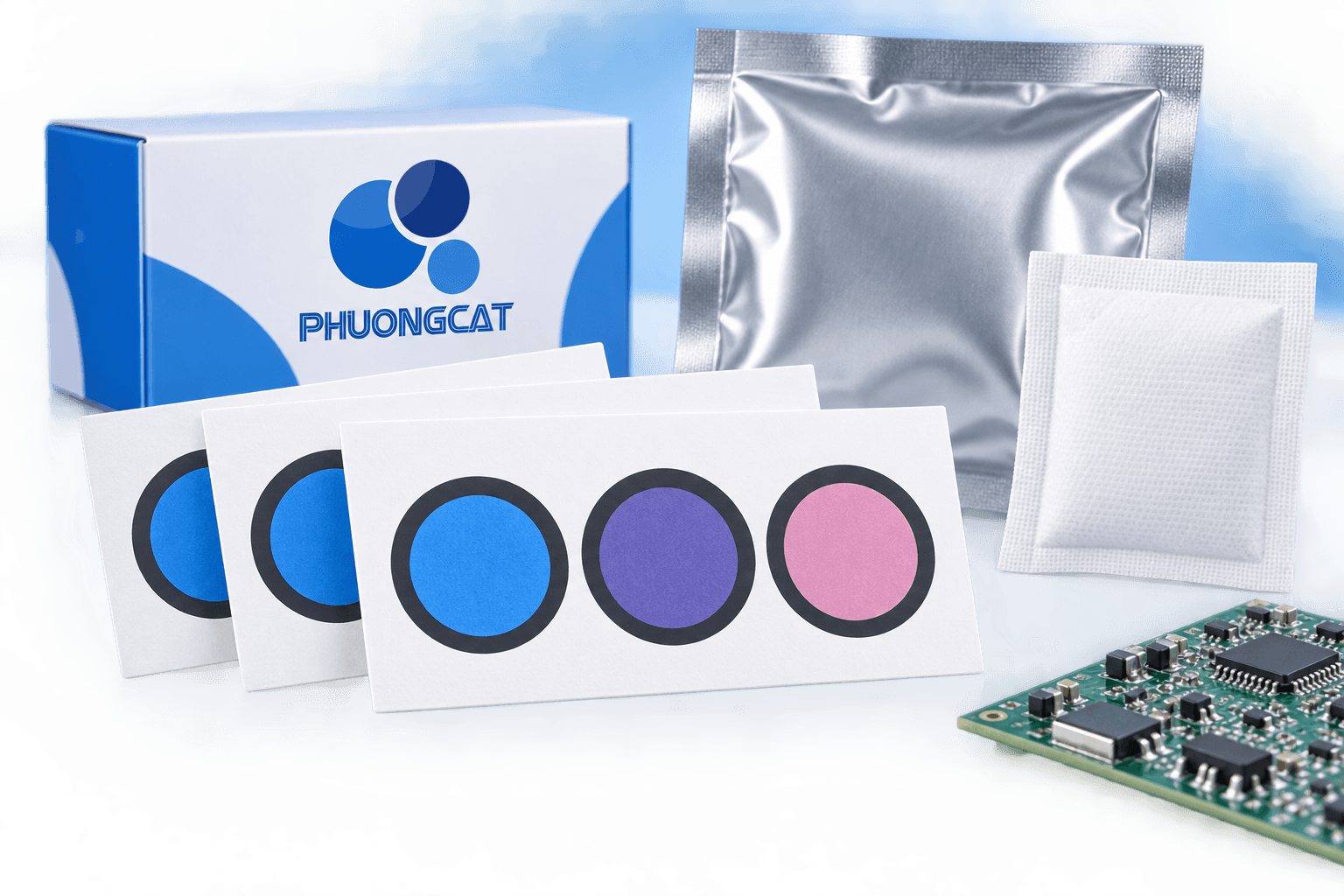 Humidity indicator cards and desiccant packs beside a box printed with the Phuong Cat logo
