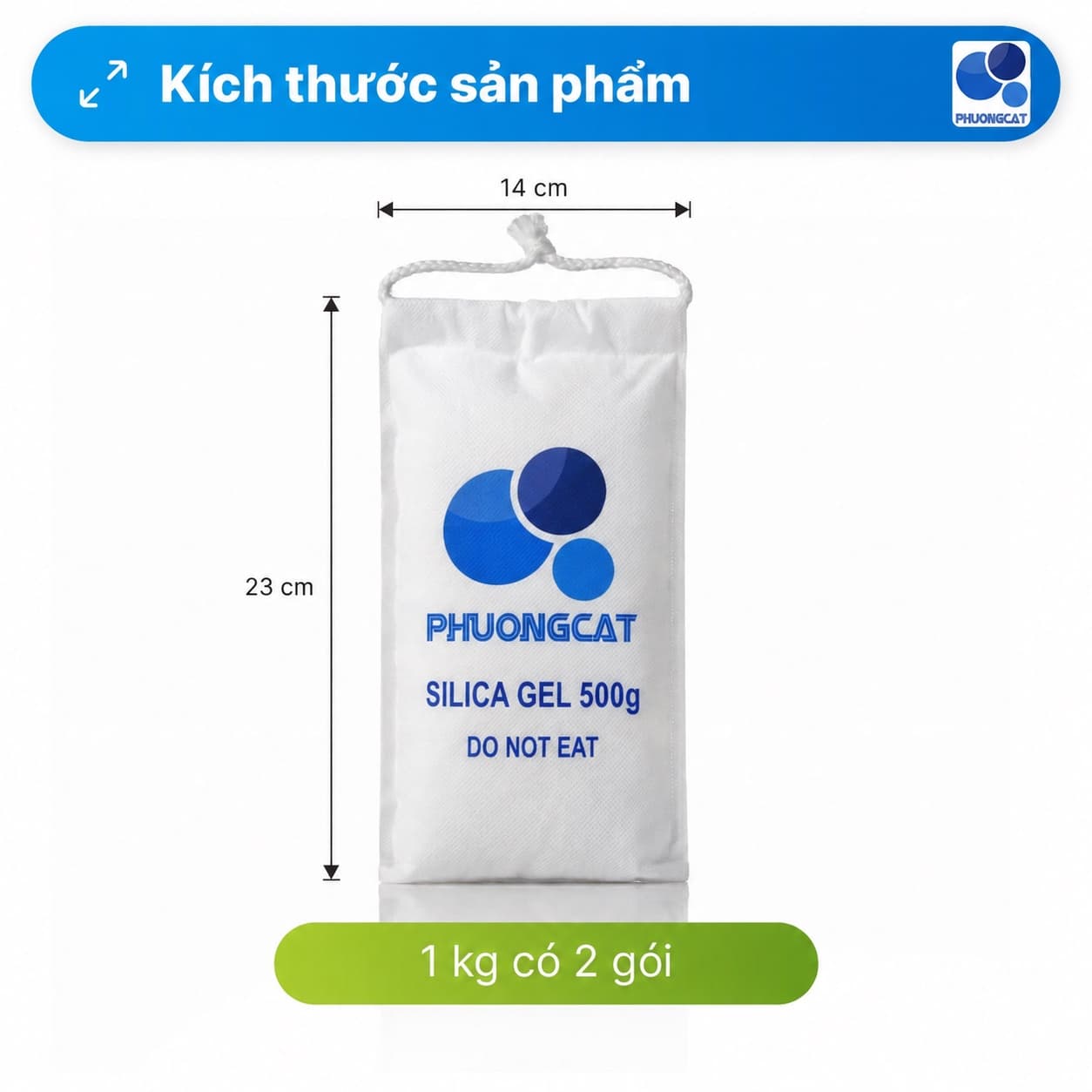 500g silica gel desiccant pack printed with the Phuong Cat logo
